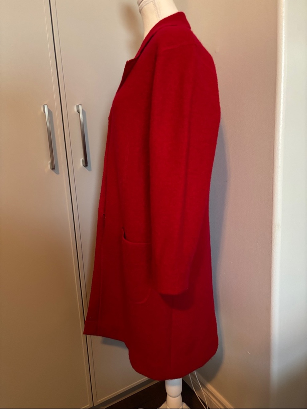 Silk Club Red Long Open Collar Coat 100%Wool Lightweight - Picture 3 of 9